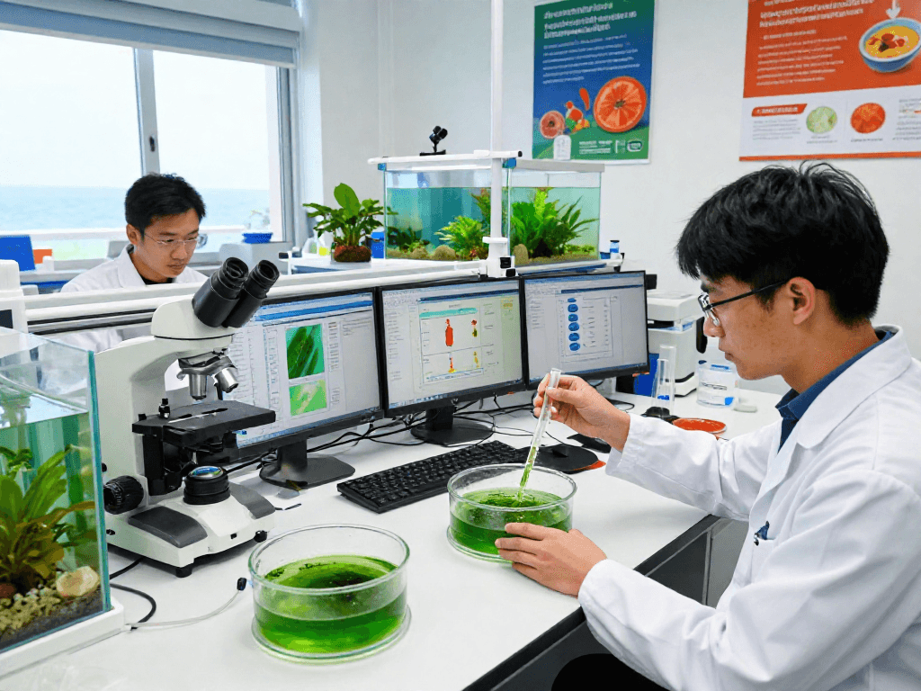 Scientists studying microalgae astaxanthin in a vibrant lab setting, observing cultures and extraction processes.