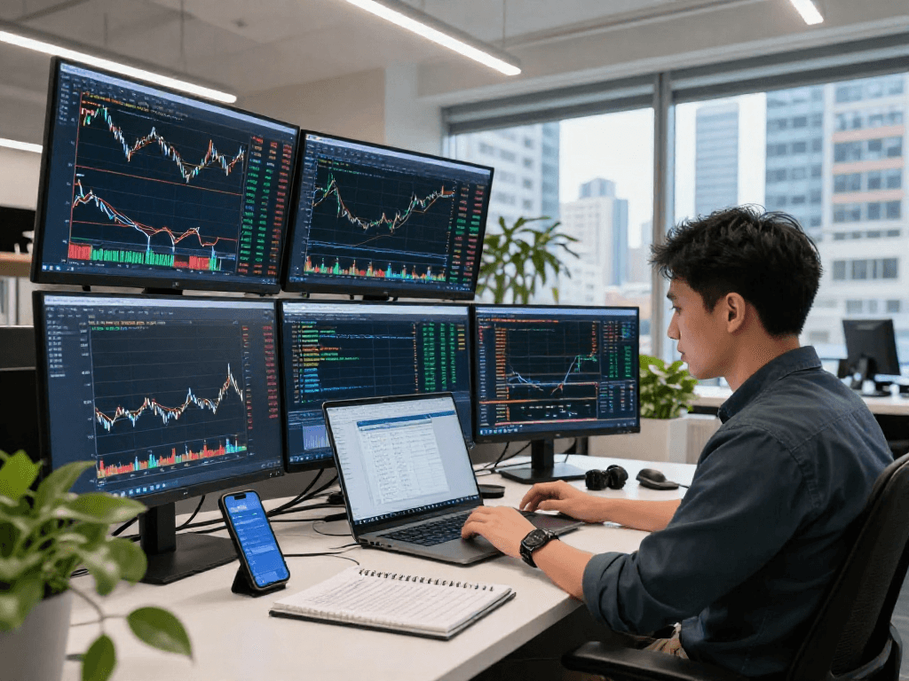 Financial analyst reviewing HK quant trading stock API metrics on multiple screens at modern trading desk.
