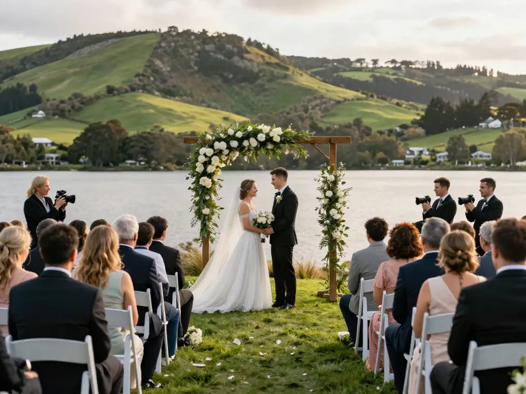 Dunedin wedding photographer capturing a romantic outdoor ceremony at sunset, framing the couple under a floral arch.