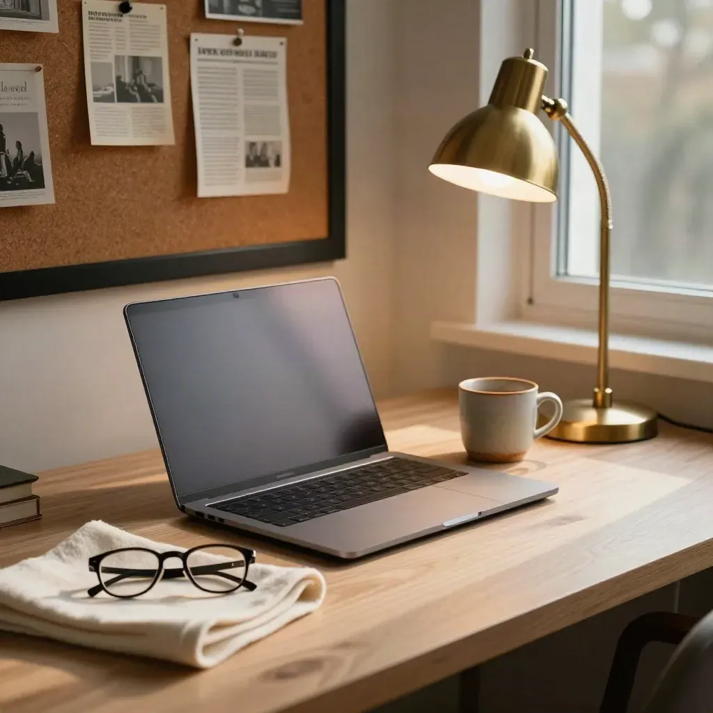 Quiet columnist’s window desk at dawn with laptop, mug, glasses, brass lamp and blurred clippings.