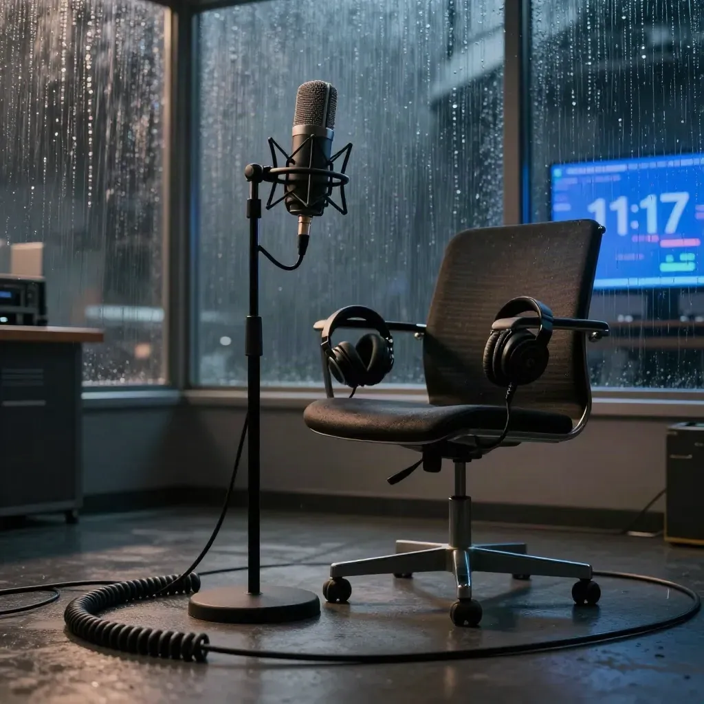 Towering mic and empty chair in a rainy dark newsroom with cobalt monitor glow