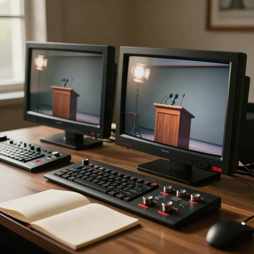 Two monitors on a media console show the same press event in different cuts beside red controls.