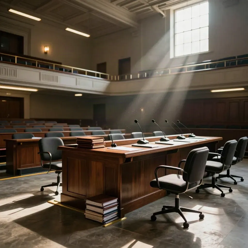 Empty city hall chamber after a vote, low-angle view of dais, microphones, chairs, and binders.