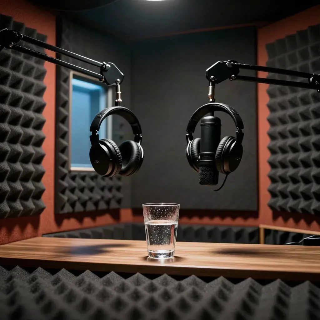 Empty interview booth with twin mics, headphones, and a water glass in soft light