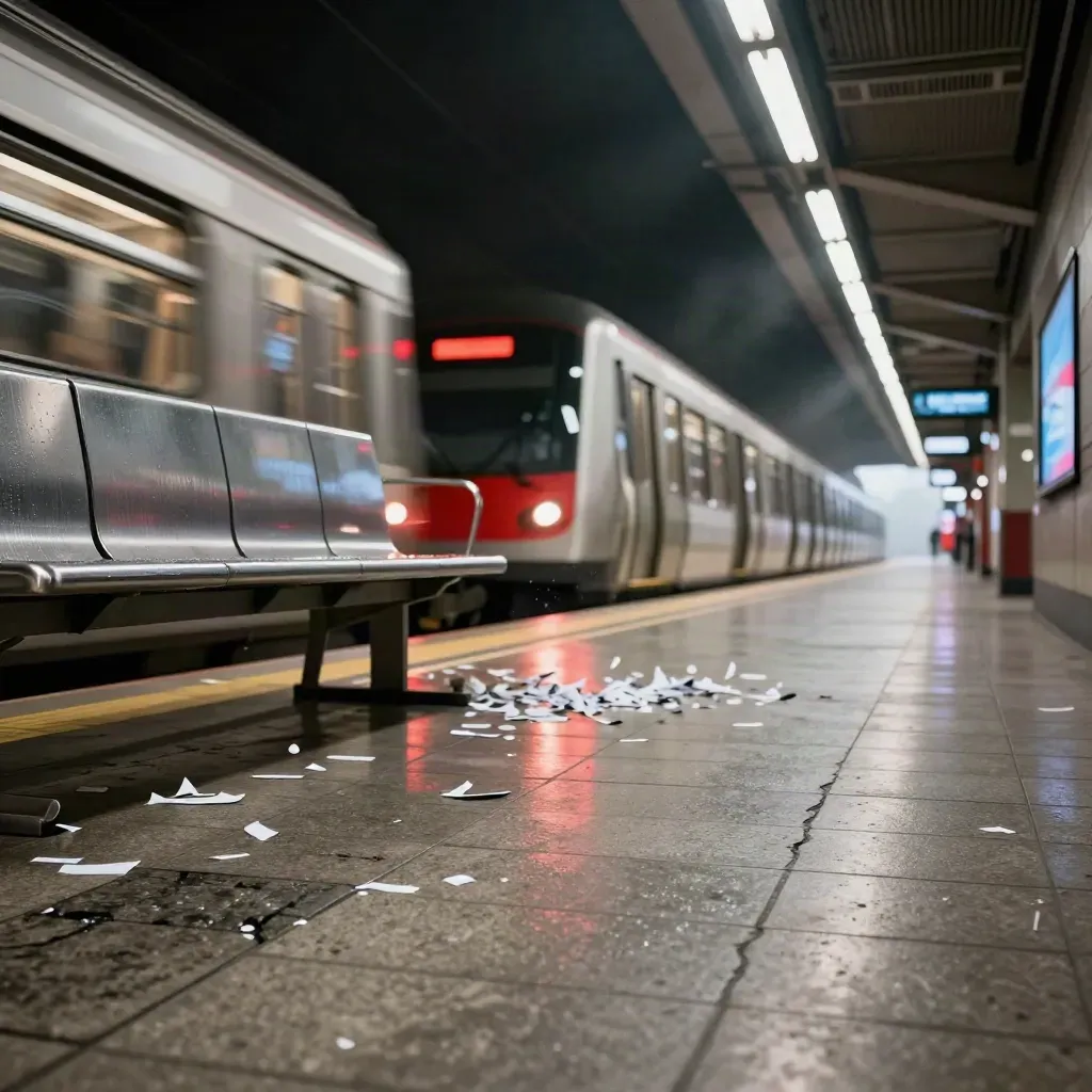 Subway platform as a train streaks past, papers flying and red reflections on wet tile.