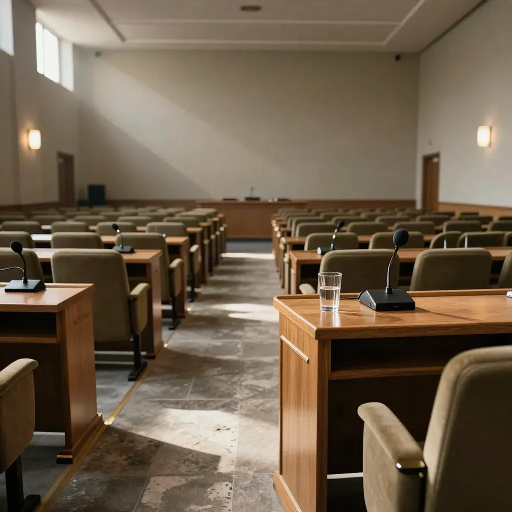 Empty hearing room with clustered microphones, empty chairs, and late sun on the dais.