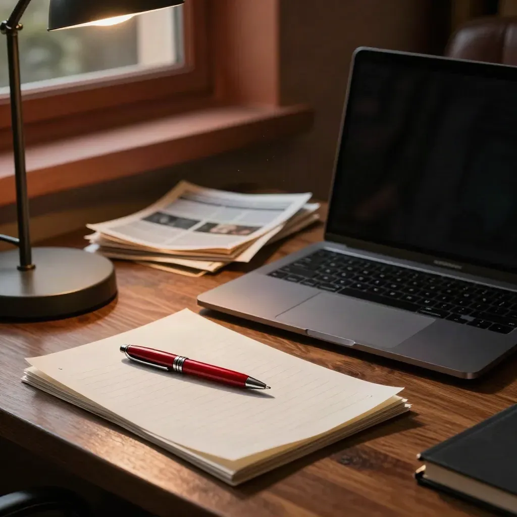 Red pen, closed laptop and face-down clippings in a columnist’s corner at dusk