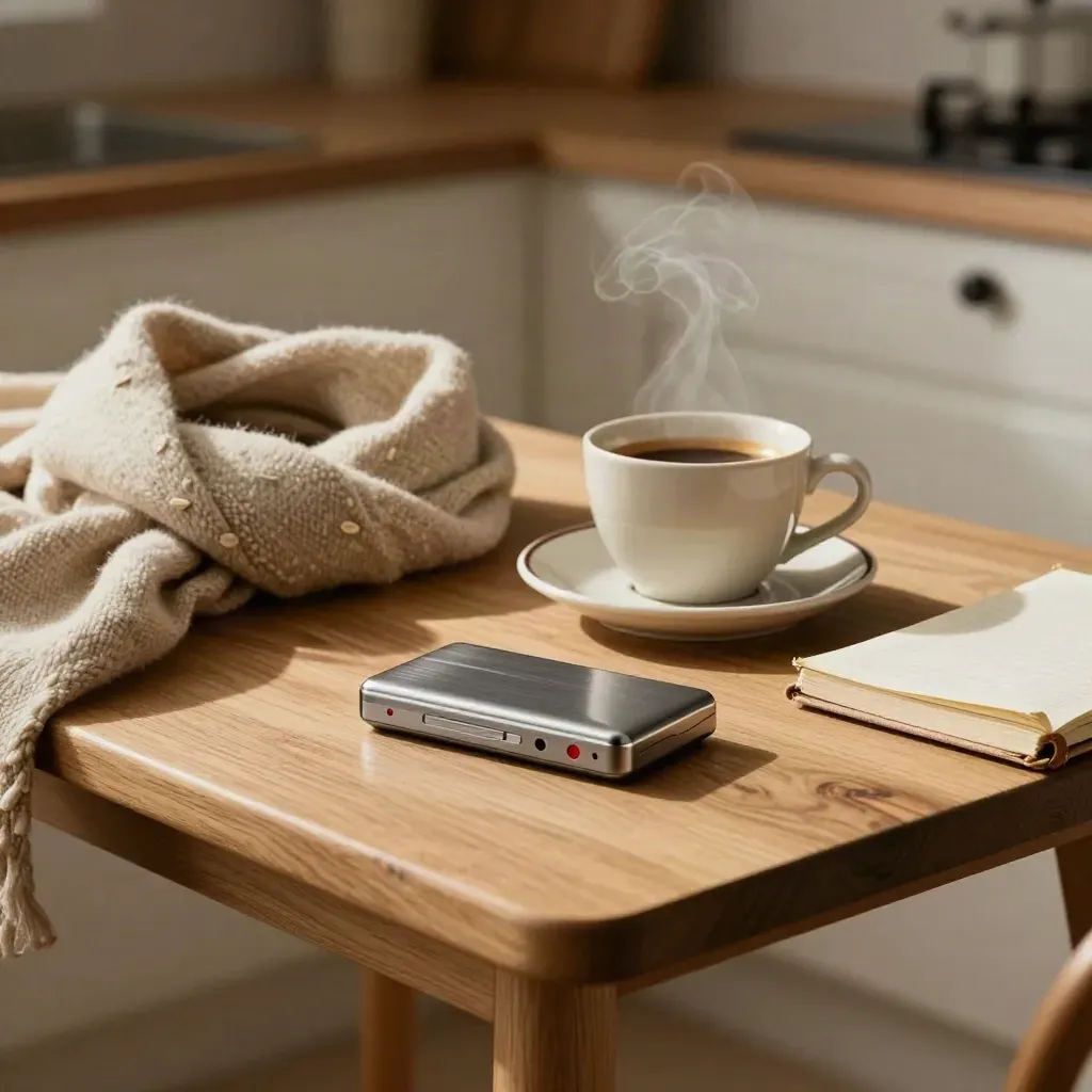 Espresso, scarf, recorder and notebook on a kitchen table by window light.