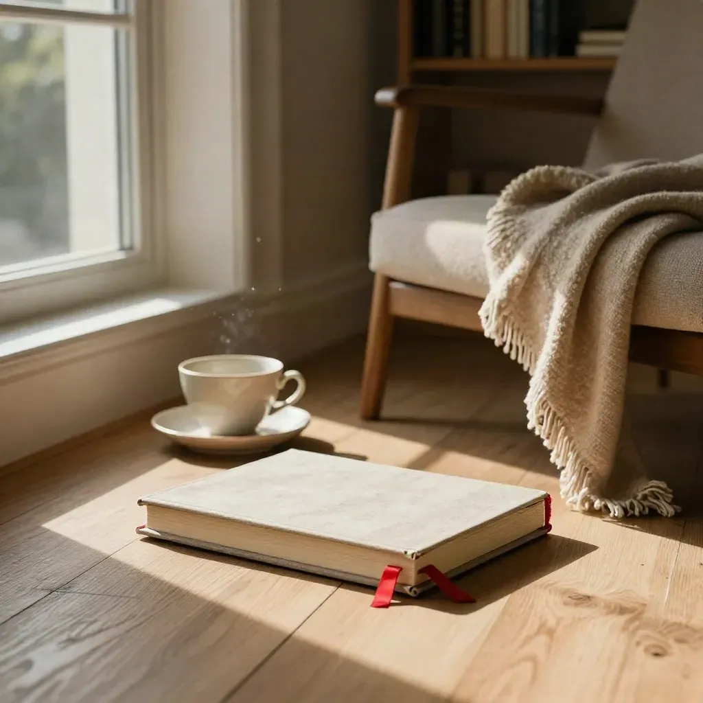 Sunlit reading nook with a closed journal, tea cup, and red throw by a window.
