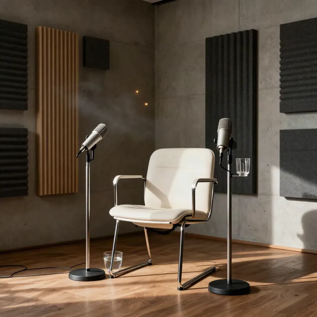 Empty interview chair between two microphones, acoustic panels, and a water glass in warm late-afternoon light.