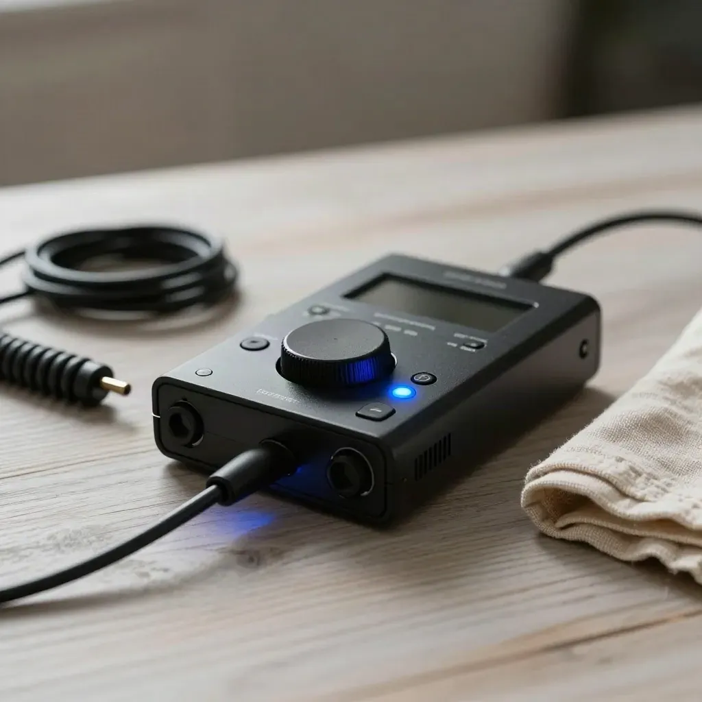 Matte-black field recorder with coiled lav cable on pale wood beside linen cloth