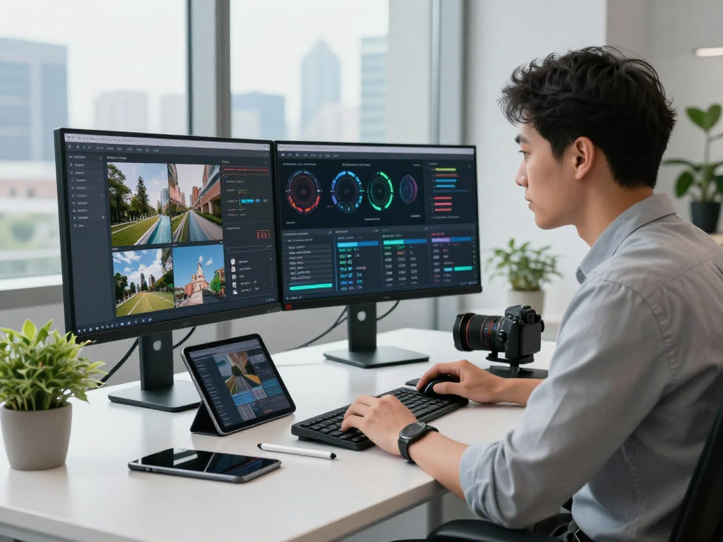 AI image detector workspace with analyst examining image analysis metrics in modern office.
