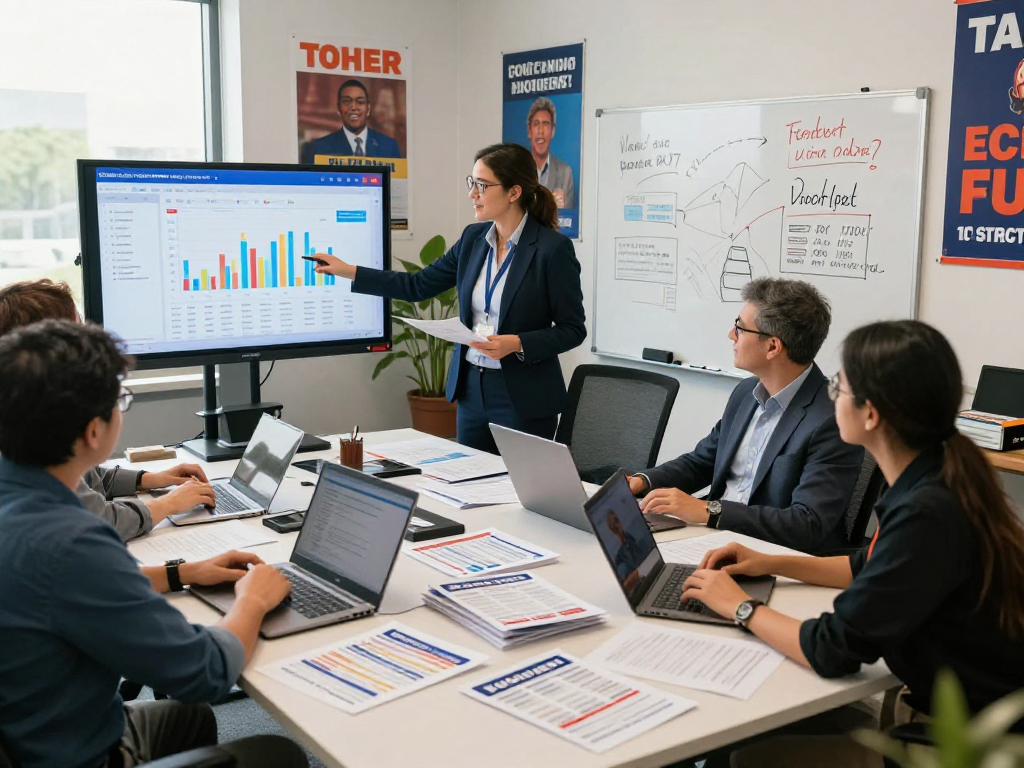 Political opposition research services in action with a team analyzing voter data, demonstrating strategic planning for a campaign.